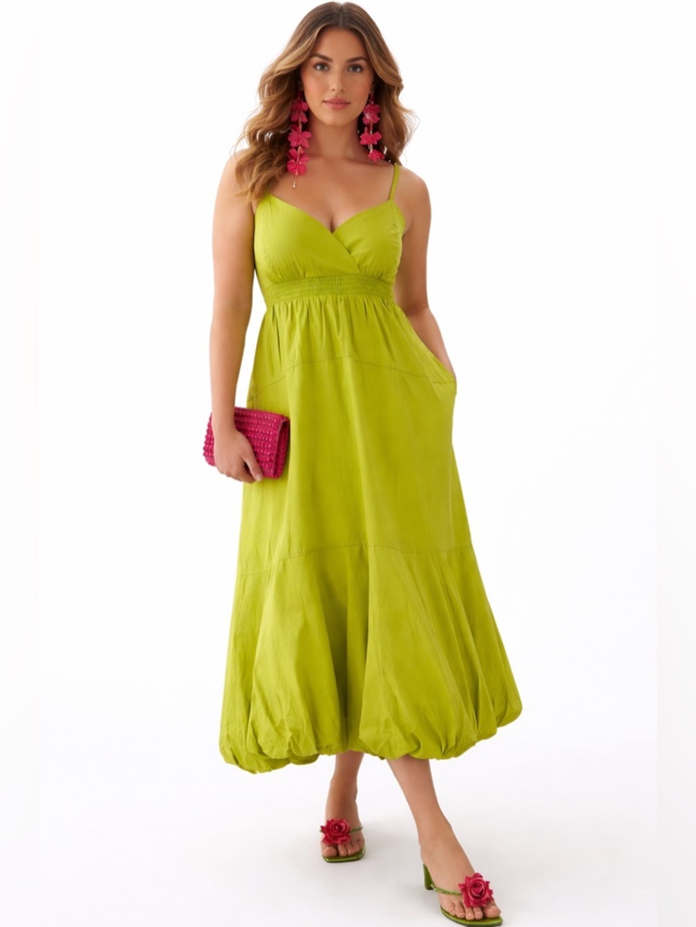 Anthropologie Lime Green Bubble Hem Midi Dress Smocked Tiered Cotton Large NWT